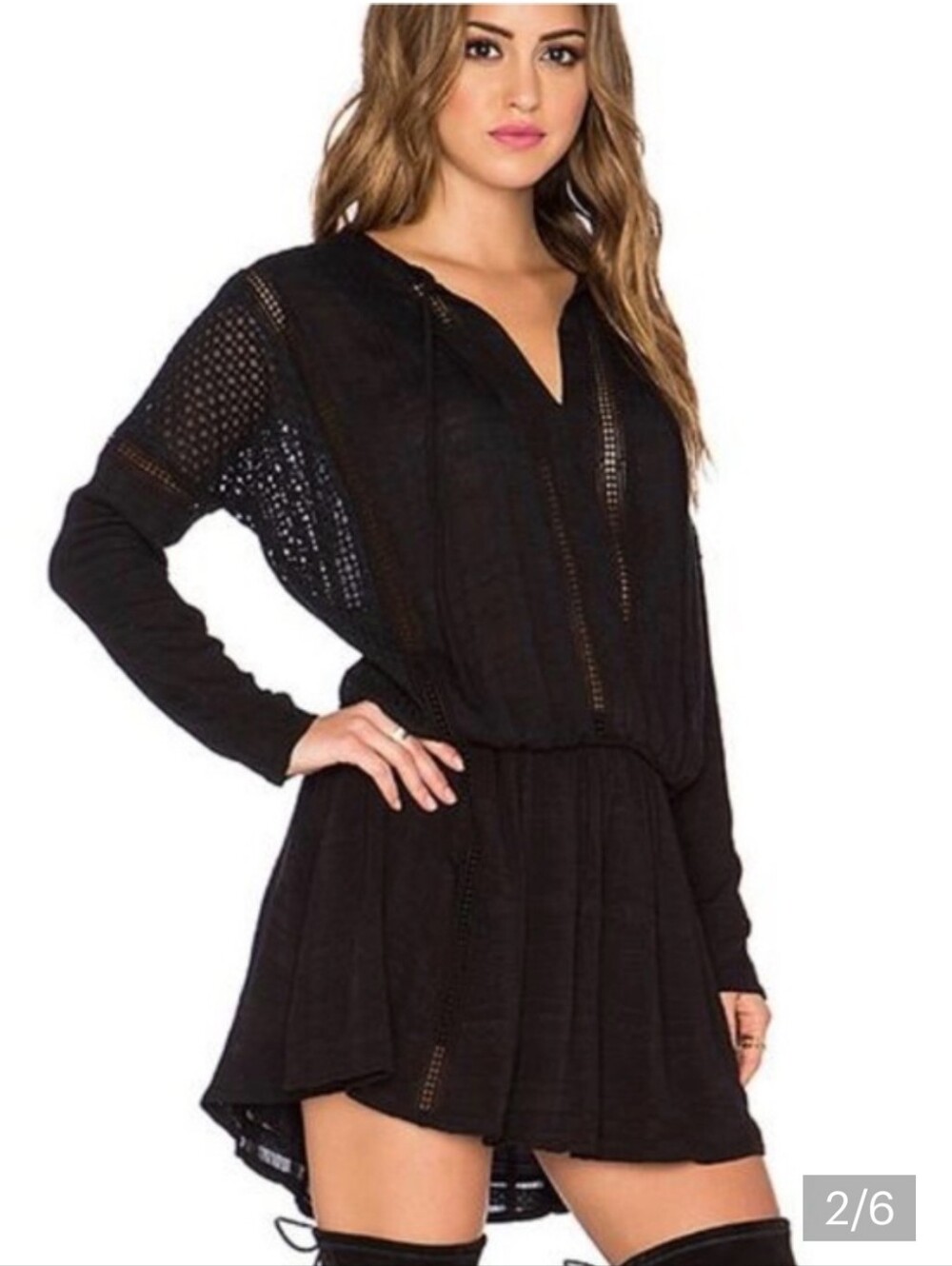 Free People Nomad Mini Dress Black Crochet Lace Boho Long Sleeve Size Small